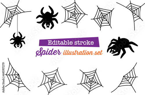Editable spooky cute and fun halloween black spider and web vector illustration cartoon icon set for background. with editable strokes