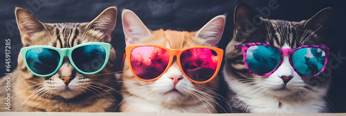 funny studio portrait of 3 cats wearing colourful sunglasses