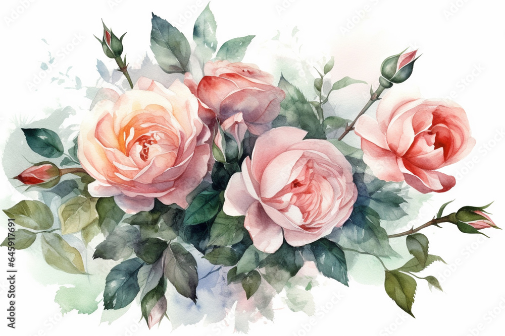 Beautiful watercolor bouquet of roses. Hand drawn illustration. generative ai