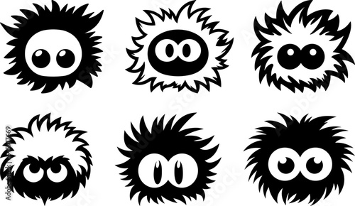 Fluffy monster with cute big cartoon eyes isolated black vector collection
