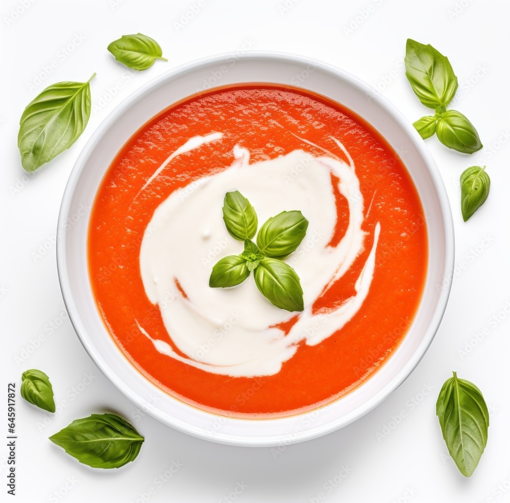 Tomato soup puree in a bowl with cream and fresh basil leaves, isolated on white background. Top view Tomato soup puree in a bowl with cream and fresh basil leaves, isolated on white background. Top view