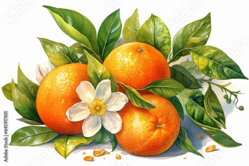 Ripe tangerines with leaves and flowers on a white background generative ai © Graphicsstudio 5