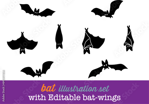 Editable pooky cute and fun halloween black bat with eyes, flying ,hanging upside down, spreading and folding wings vector illustration cartoon icon set for background. with editable wings and strokes