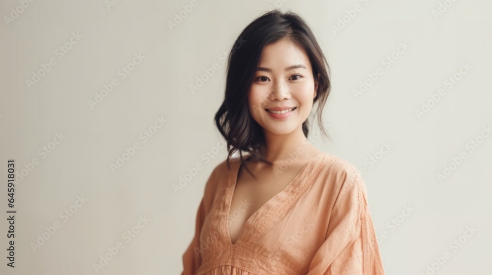 Obraz premium A radiant Asian pregnant woman, full of happiness, in a studio setting. Generative AI