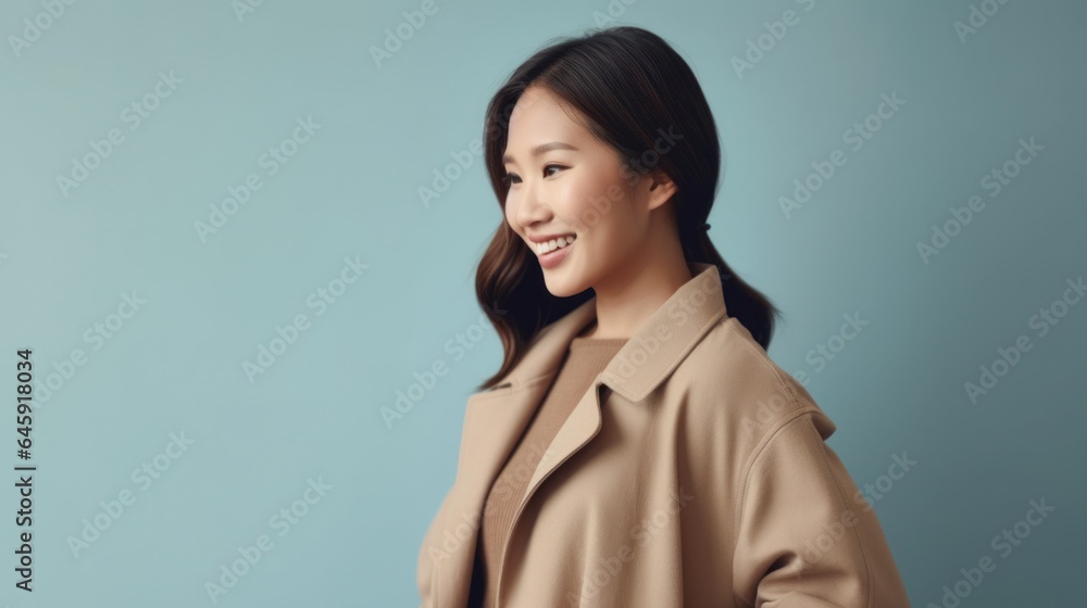 A beaming, Asian pregnant lady posing against a studio backdrop. Generative AI A beaming, Asian pregnant lady posing against a studio backdrop. Generative AI