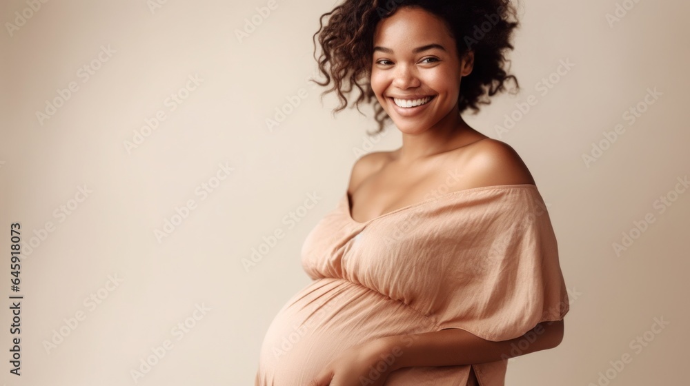 A multicultural pregnant woman exuding joy in a studio photo. Generative AI A multicultural pregnant woman exuding joy in a studio photo. Generative AI