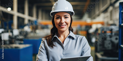 Engineer manager leader woman wearing helmet holding tablet looking at camera at manufacturing factory