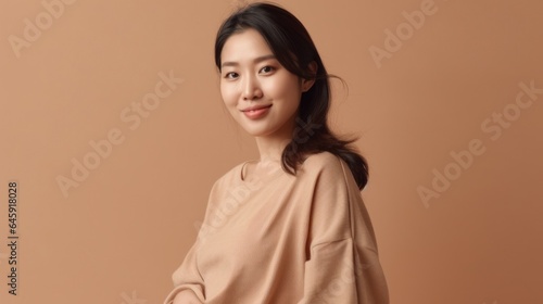 A studio portrait capturing the bliss of an Asian pregnant woman. Generative AI
