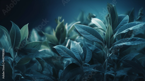 Close up of green leaves with dark blue background. Color toned generative ai