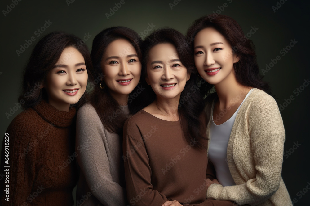 Obraz premium Group of Asian women, Asian family portrait, grandmother, mom, young daughter. Face of happy women smile together by generative with ai.