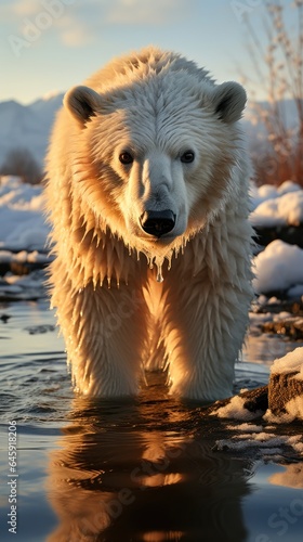 A lone polar bear stands on a melting glacier. 