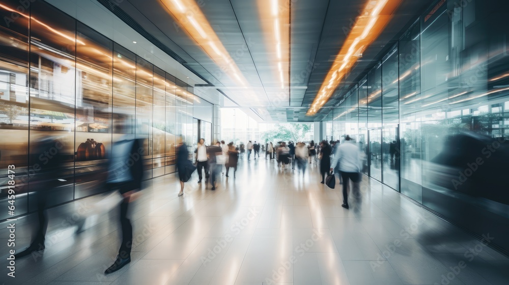 Long exposure shot of crowd of business people walking in bright office lobby fast moving with blurry, Generative Ai