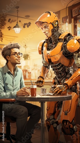 A man is sitting in a cafe, next to him is a robot that acts as an assistant and waiter. photo