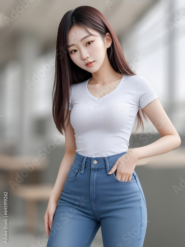 20 year old korean girl models for fashion photo shoots T-shirt, jeans. ai generative