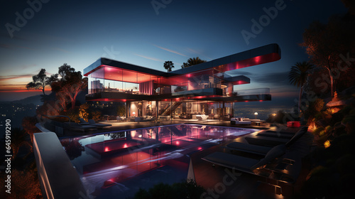 Futuristic house with blue pink neon lights in night. Futuristic realistic house villa model with glass windows, swimming pool, garden and sky panorama
