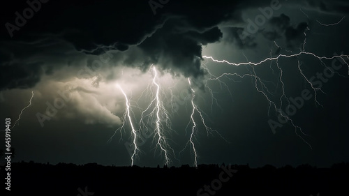 Lightning and thunderstorm over the city at night. 3D rendering generative ai