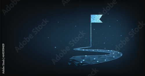Set up objectives and targets for business investment concept. The blue flag consisting of polygons represents setting goals correctly on a dark background.