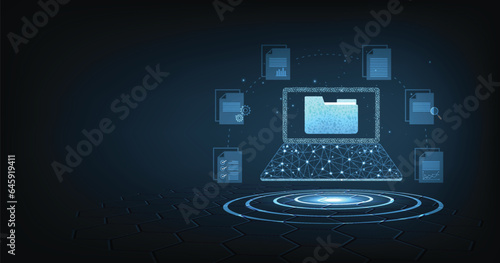 Document management and digital document paperless operation concept. Document management and Data transfer through cloud technology with modern internet technology on the dark blue background.