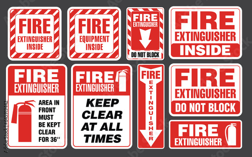 Set of Fire Extinguisher Inside and Do Not Block Fire Extinguisher Signs Vector EPS10