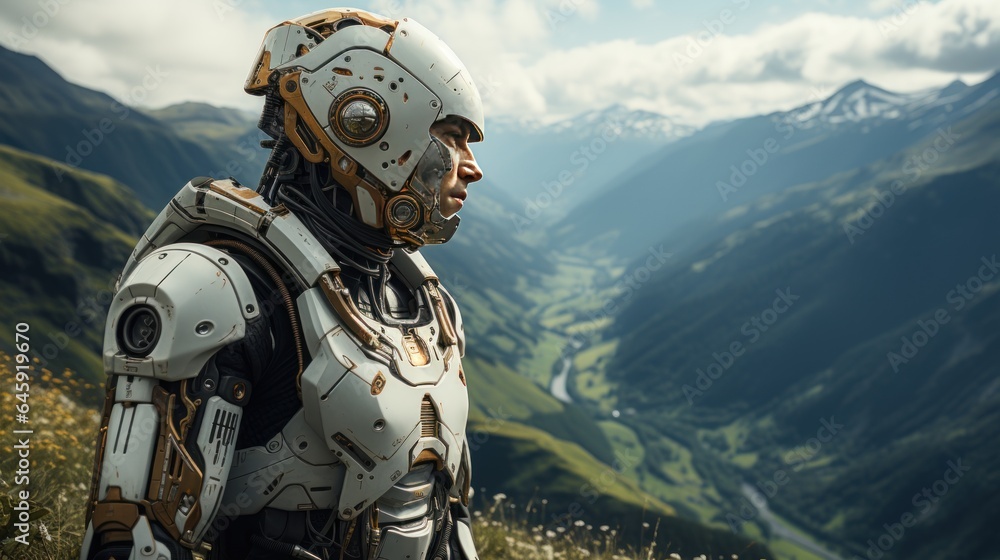 A large, white robotic figure standing on a mountaintop, overlooking a vast landscape. A large, white robotic figure standing on a mountaintop, overlooking a vast landscape.