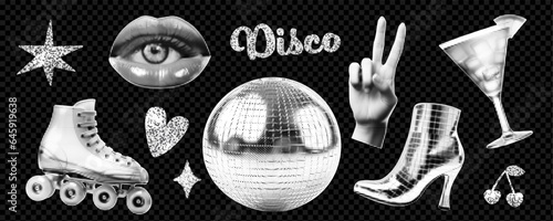 Disco-themed collage kit. Bright retro 80s elements. For rollerdrome party with cocktails and music. Vector illustration in the style of points. . Vector illustration