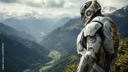 A large, white robotic figure standing on a mountaintop, overlooking a vast landscape. 
