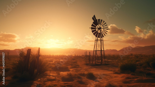 Sunset over a windmill in the desert of Nevada, USA generative ai photo