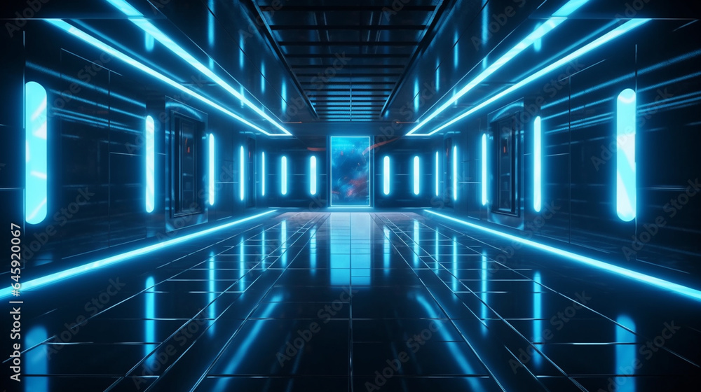 3D abstract background with neon lights. neon tunnel space construction. 3d illustration generate ai