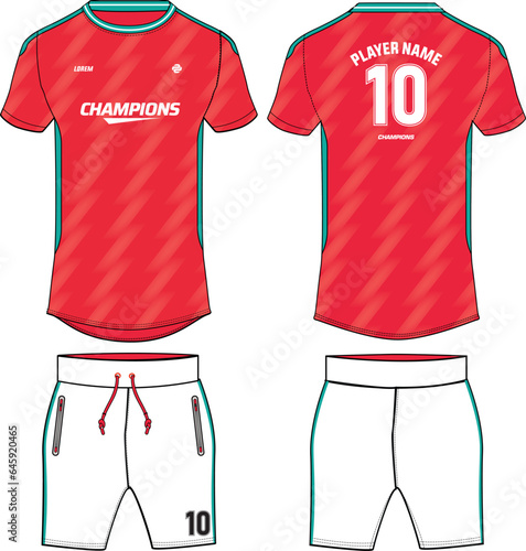 Sports jersey t shirt and shorts kit design flat sketch illustration, abstract printed Round neck football jersey concept with front and back view for Cricket, soccer, Volleyball and uniform kit