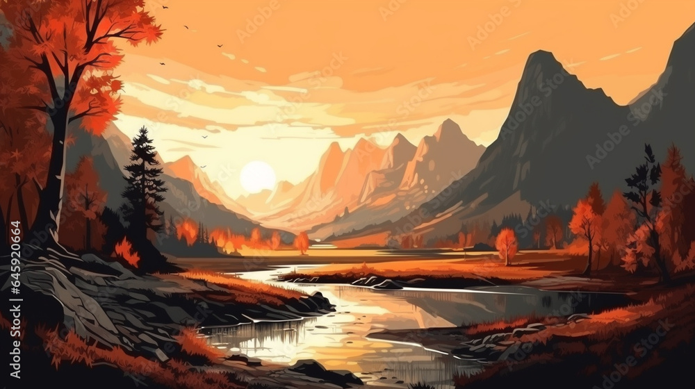 Landscape with river, mountains and forest at sunset. Vector illustration