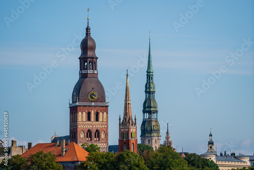 Beautiful old town of Riga, Latvia towers close up view from a bridge