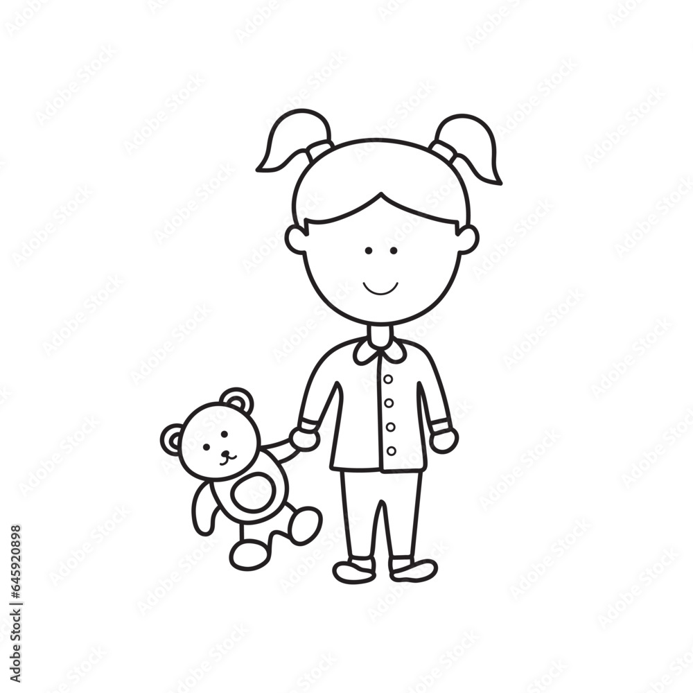 Hand drawn Kids drawing Cartoon Vector illustration cute little girl with baby bear icon Isolated on White Background Hand drawn Kids drawing Cartoon Vector illustration cute little girl with baby bear icon Isolated on White Background
