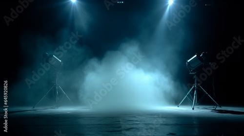 Dark scene with smoke and spotlights, 3d render abstract background generative ai