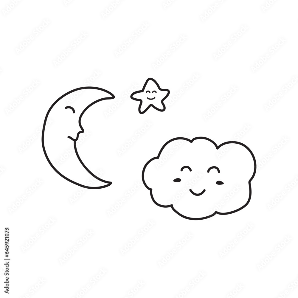 Hand drawn Kids drawing Cartoon Vector illustration moon star and cloud icon Isolated on White Background Hand drawn Kids drawing Cartoon Vector illustration moon star and cloud icon Isolated on White Background