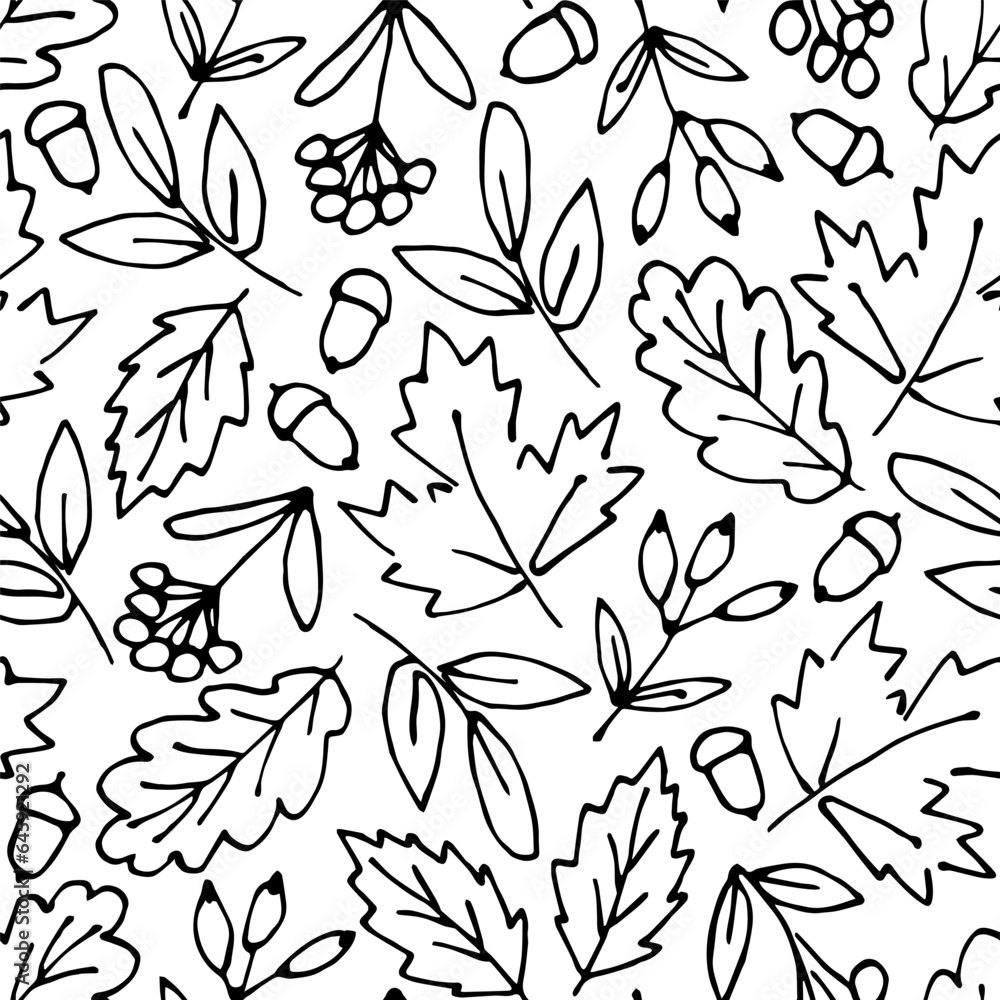 Simple vector seamless pattern. Autumn foliage, branches, oak, maple leaves, rowan berries, acorns. Black outline on a white background. For packaging prints, stationery.