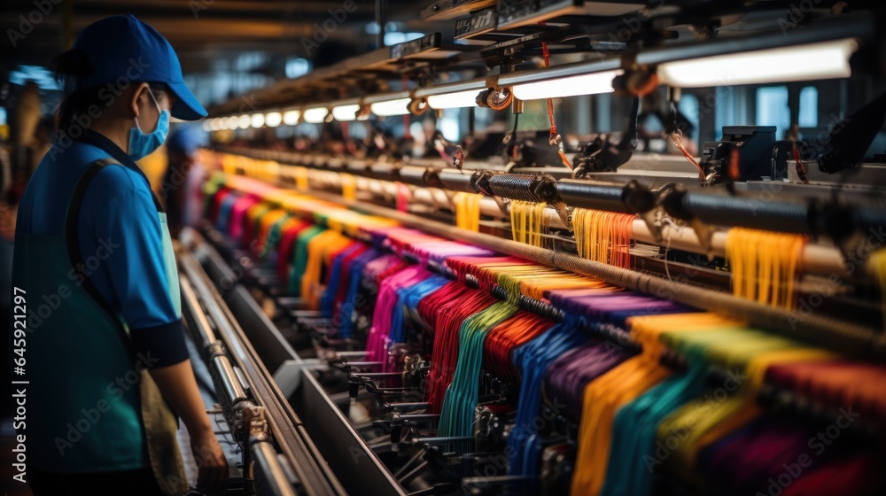 Machines that create bright fabric from multi-colored yarn. Textile production. Machines that create bright fabric from multi-colored yarn. Textile production.