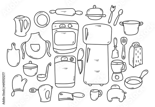 Hand Drawn Kitchen Utensils Collection in Doodle Vector Element Illustration Style