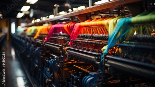 Machines that create bright fabric from multi-colored yarn. Textile production. © DreamPointArt