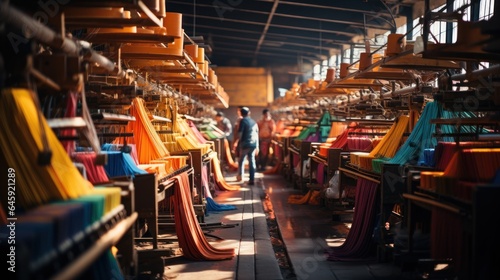 Machines that create bright fabric from multi-colored yarn. Textile production.