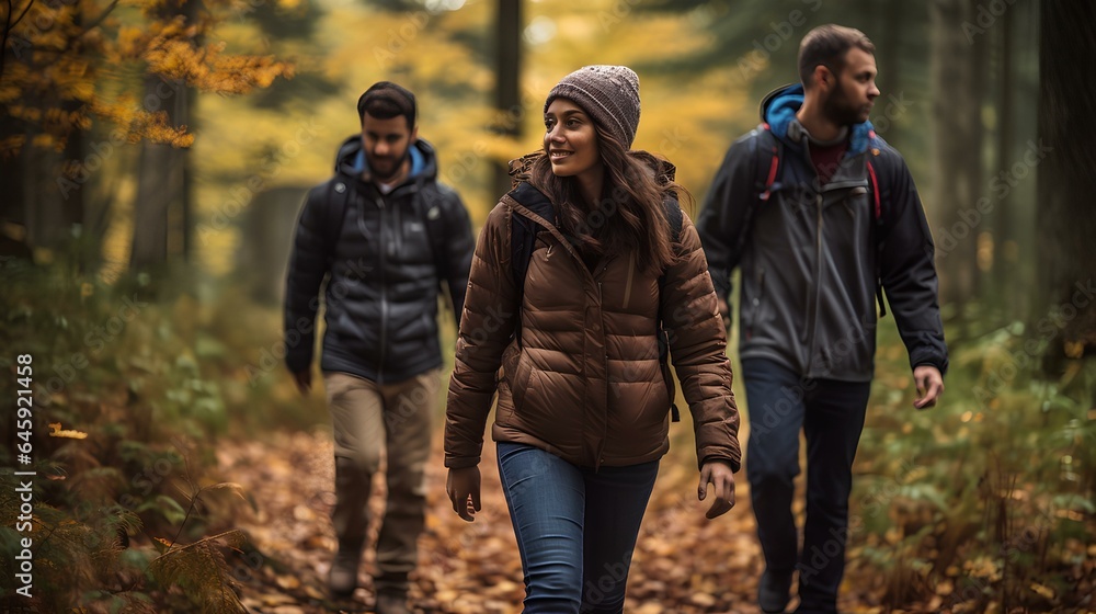 Forest hike with a group of mixed-race individuals, showcasing the rich autumn color palette. A healthy lifestyle concept that enjoys a beautiful forest trekking course in autumn. generative AI