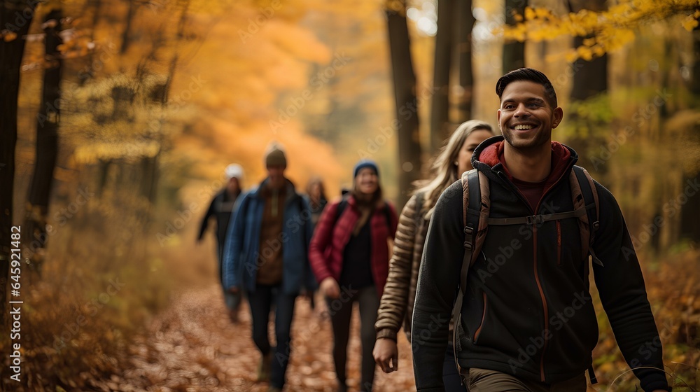 Forest hike with a group of mixed-race individuals, showcasing the rich autumn color palette. A healthy lifestyle concept that enjoys a beautiful forest trekking course in autumn. generative AI