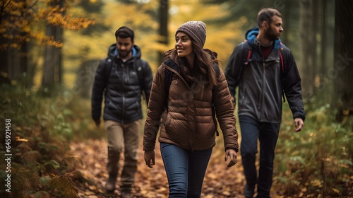 Forest hike with a group of mixed-race individuals, showcasing the rich autumn color palette. A healthy lifestyle concept that enjoys a beautiful forest trekking course in autumn. generative AI © yj