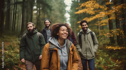 Forest hike with a group of mixed-race individuals  showcasing the rich autumn color palette. A healthy lifestyle concept that enjoys a beautiful forest trekking course in autumn. generative AI
