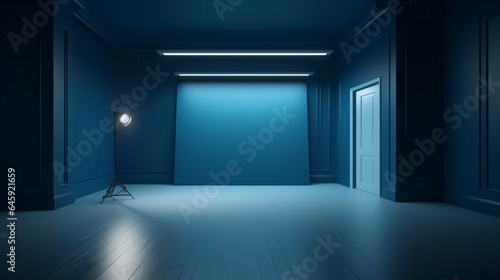Empty blue photo studio with lighting equipment and blue wall. 3d rendering generative ai