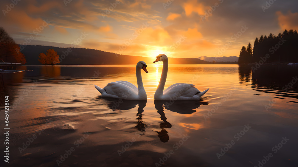 Fototapeta premium 2 Majestic white swans facing each other shaping a heart as swimming in the glassy waters at the lake in front of a stunning orange sunset