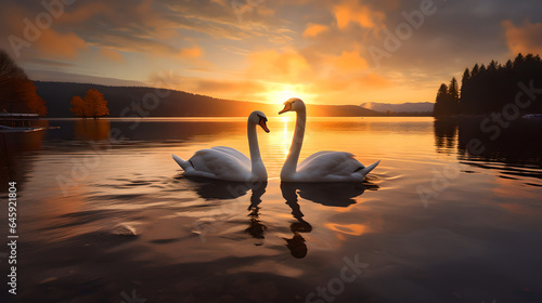 2 Majestic white swans facing each other shaping a heart as swimming in the glassy waters at the lake in front of a stunning orange sunset