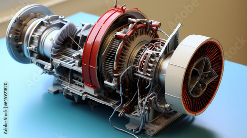 Model of turbine engine with longitudinal section for studying arrangement of blades and combustion chambers