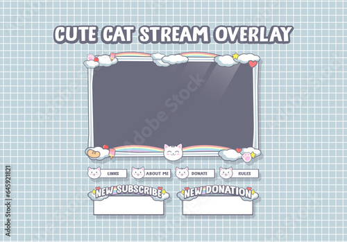 Set of cute design elements for overlay game streaming screen panel. Game frame for streamers and online video. cat theme