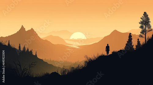 Silhouette of people walking in the mountains at sunset. Vector illustration generative ai