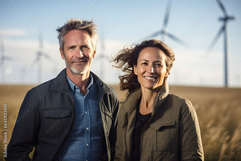 A middle-aged couple stands in a vibrant wheat field with windmills in the background, smiling warmly toward the camera, capturing the essence of togetherness and rural serenity A middle-aged couple stands in a vibrant wheat field with windmills in the background, smiling warmly toward the camera, capturing the essence of togetherness and rural serenity